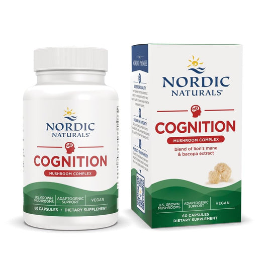 Nordic Naturals Cognition Mushroom Complex bottle with neutral capsules for daily brain support.