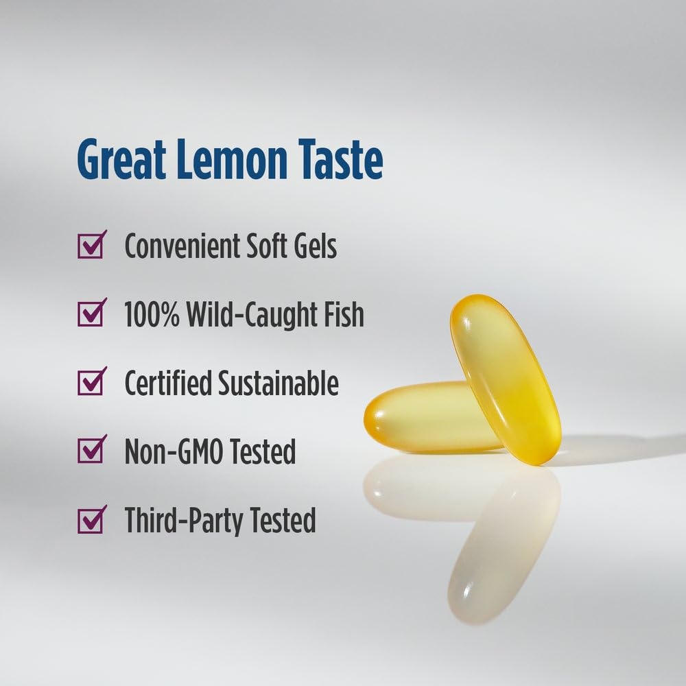 Nordic Naturals Complete Omega-D3 lemon soft gels on counter, non-GMO and dairy-free.