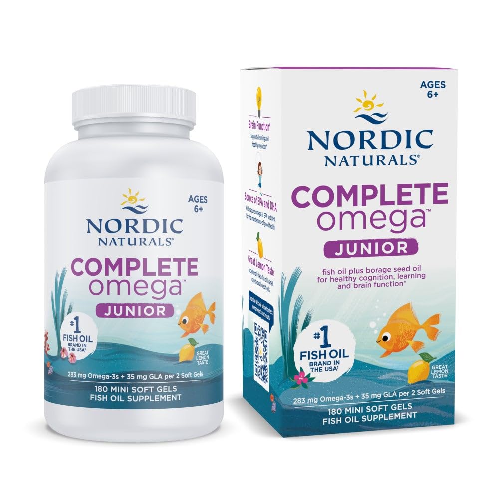 Nordic Naturals Complete Omega Jr. lemon bottle highlights kid friendly omega-3 benefits.