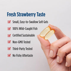 Nordic Naturals DHA soft gels being poured; easy swallow and strawberry taste.