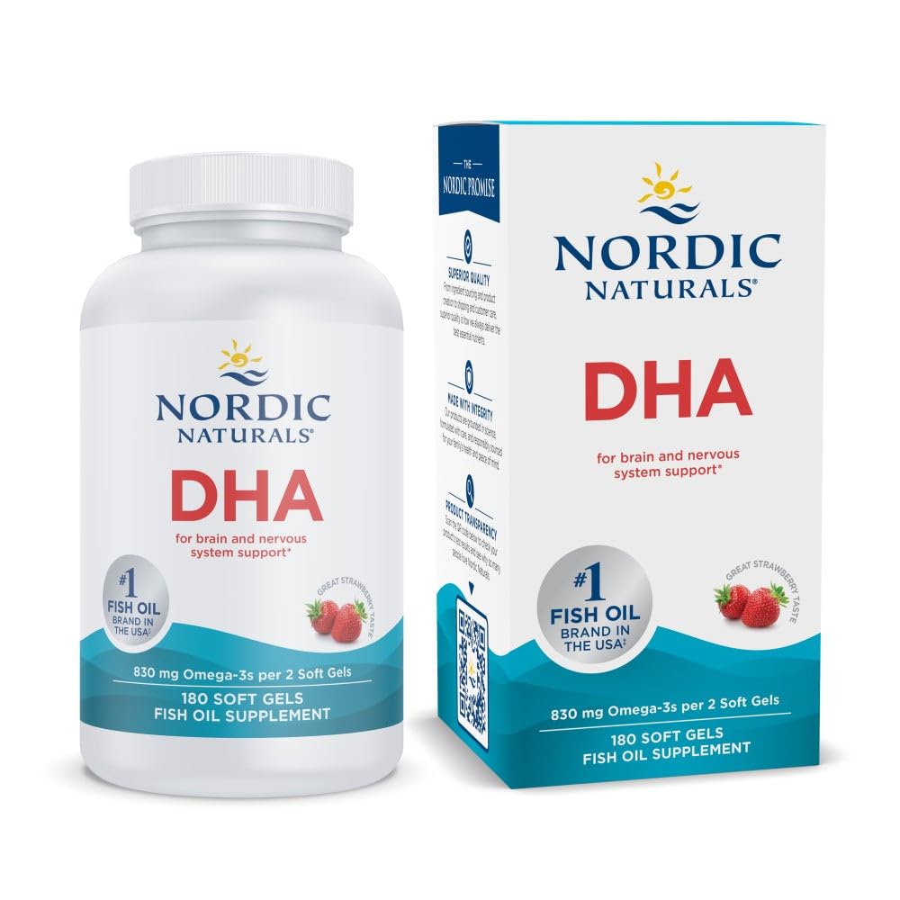 Nordic Naturals DHA strawberry soft gels bottle for easy daily omega-3 intake.