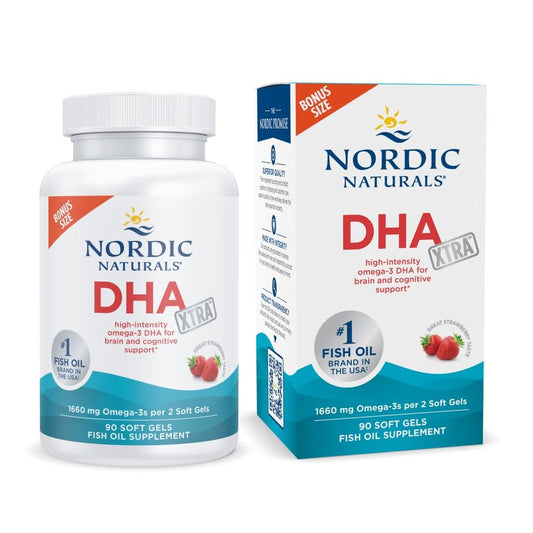 Nordic Naturals DHA Xtra strawberry bottle promotes daily brain support