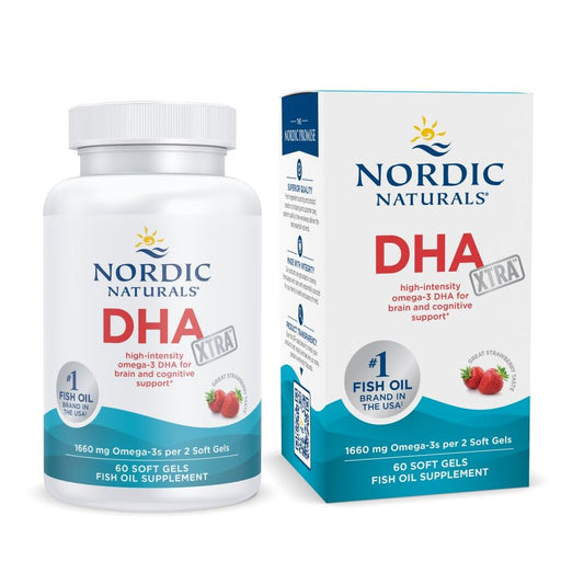 Nordic Naturals DHA Xtra Strawberry bottle on counter for brain and nervous system support.