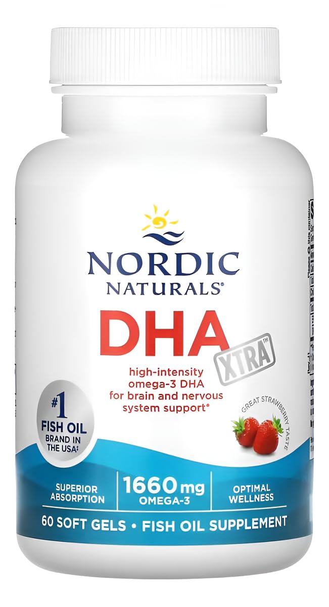 DHA Xtra strawberry label close-up showing purity and third-party testing.