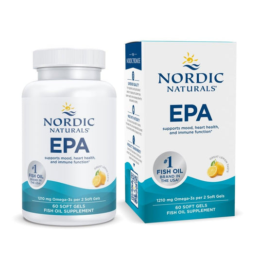 Nordic Naturals EPA Lemon soft gels bottle showing easy daily omega-3 intake