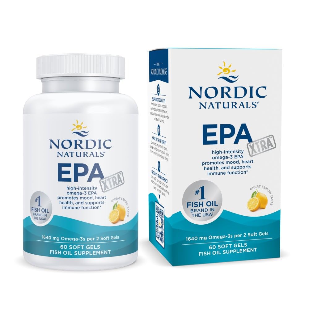 Nordic Naturals EPA Xtra lemon soft gels bottle with high-potency omega-3 for daily mood and heart support.