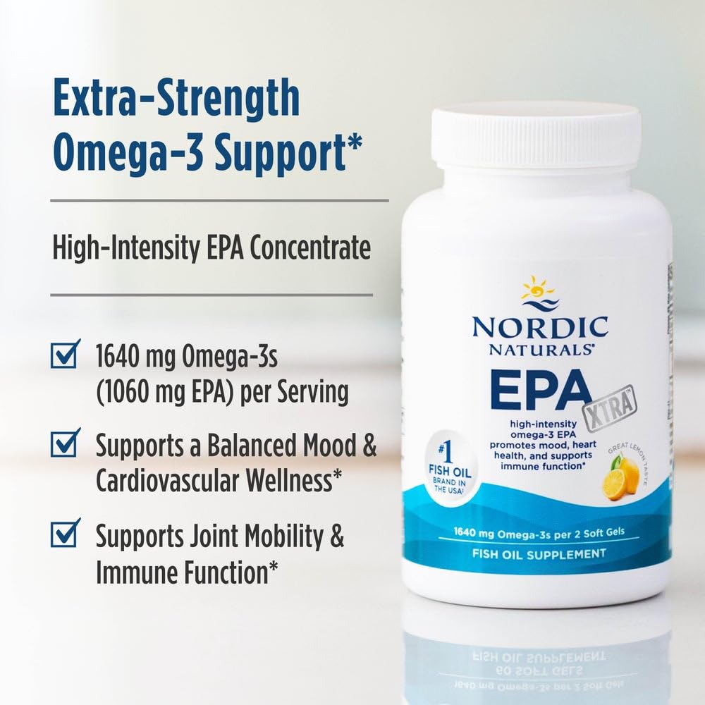 Nordic Naturals EPA Xtra lemon soft gels bottle close-up conveys premium quality and purity.