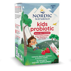 Nordic Naturals Kids Probiotic Quick Melt mixed berry packets in lunchbox for digestive support
