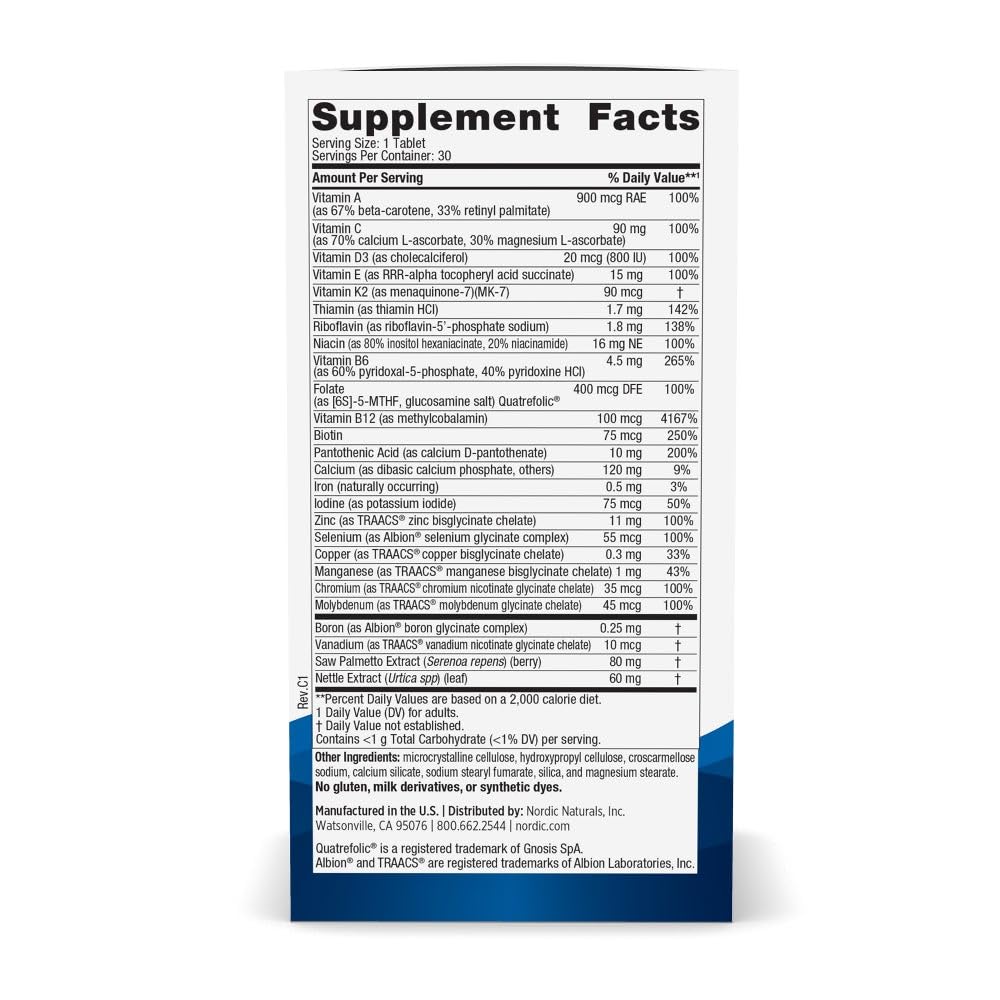 Nordic Naturals Men’s Multivitamin One Daily tablet closeup showing chelated minerals