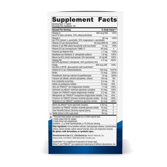 Nordic Naturals Men’s Multivitamin One Daily tablet closeup showing chelated minerals