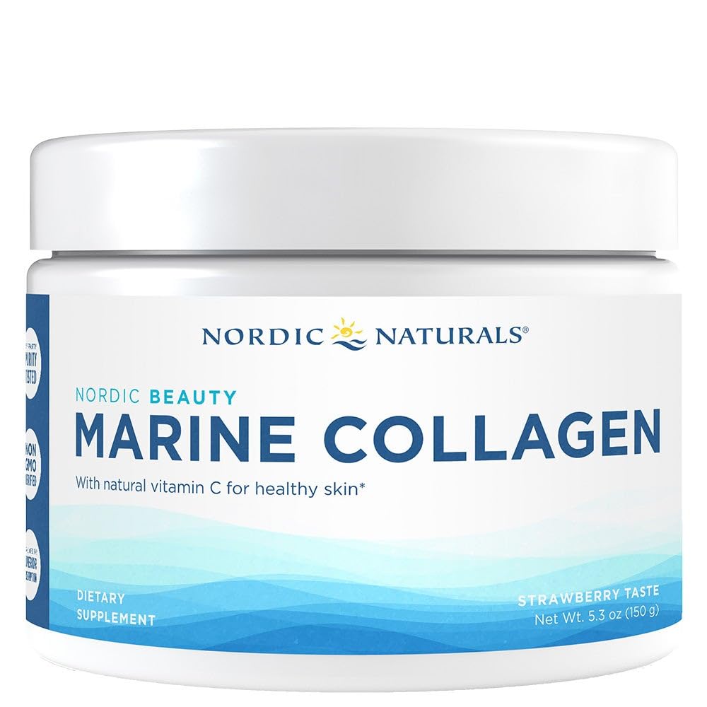 Nordic Naturals Nordic Beauty Marine Collagen Powder bottle shows strawberry flavor for skincare-friendly daily use.