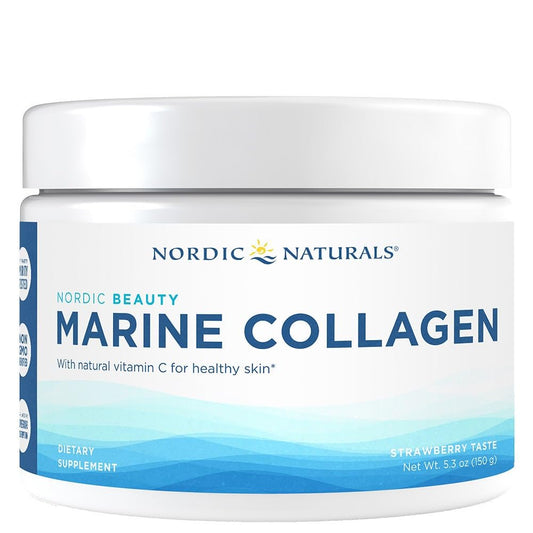Nordic Naturals Nordic Beauty Marine Collagen Powder bottle shows strawberry flavor for skincare-friendly daily use.
