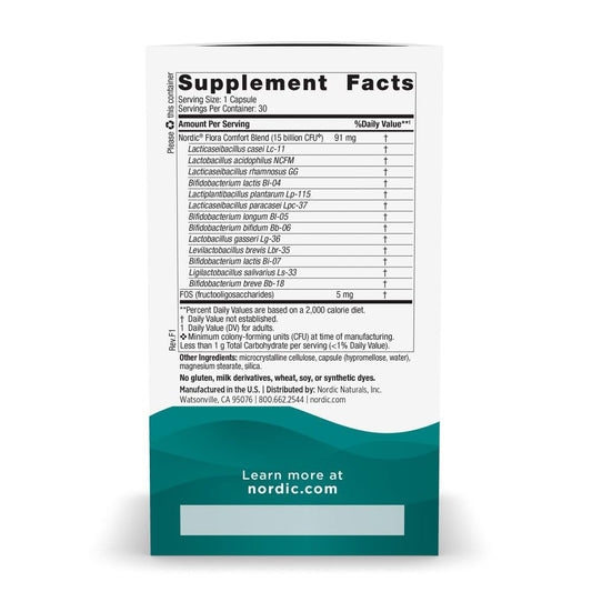 Nordic Naturals Nordic Flora Probiotic Comfort capsules close-up highlighting 13 strains