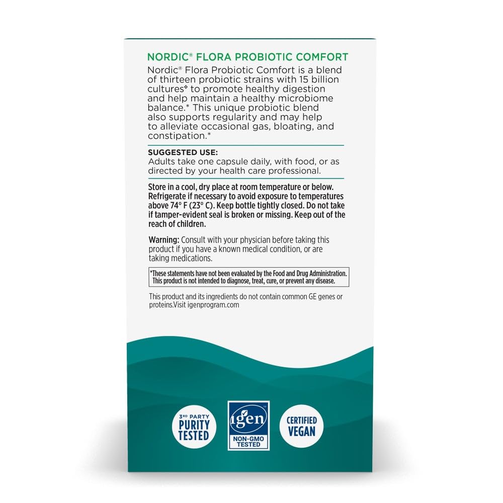 Nordic Naturals Nordic Flora Probiotic Comfort label showing non-GMO and vegan claims