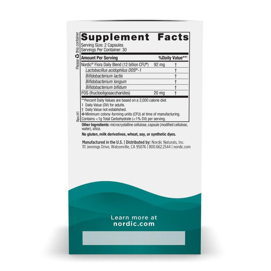 Nordic Naturals Nordic Flora Probiotic Daily bottle back explains ingredients and purity