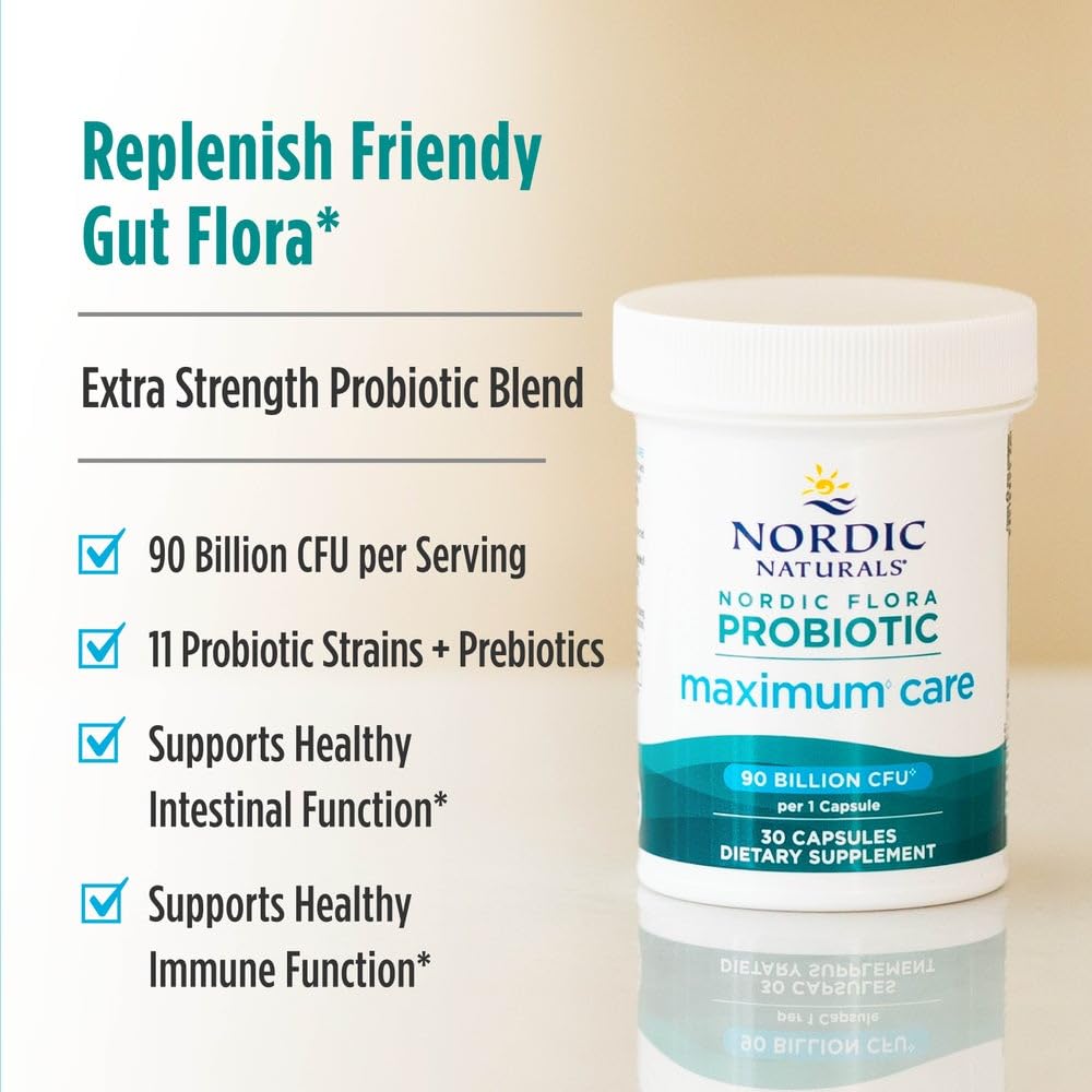 Front packaging shows prebiotic FOS note supporting probiotic viability.