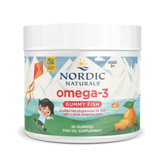 Nordic Naturals Nordic Omega-3 Gummy Fish Tangerine bottle showing a tasty, kid-friendly source of omega-3s.