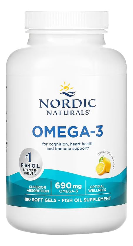 Nordic Naturals Omega-3 Lemon soft gels in bottle for convenient daily serving