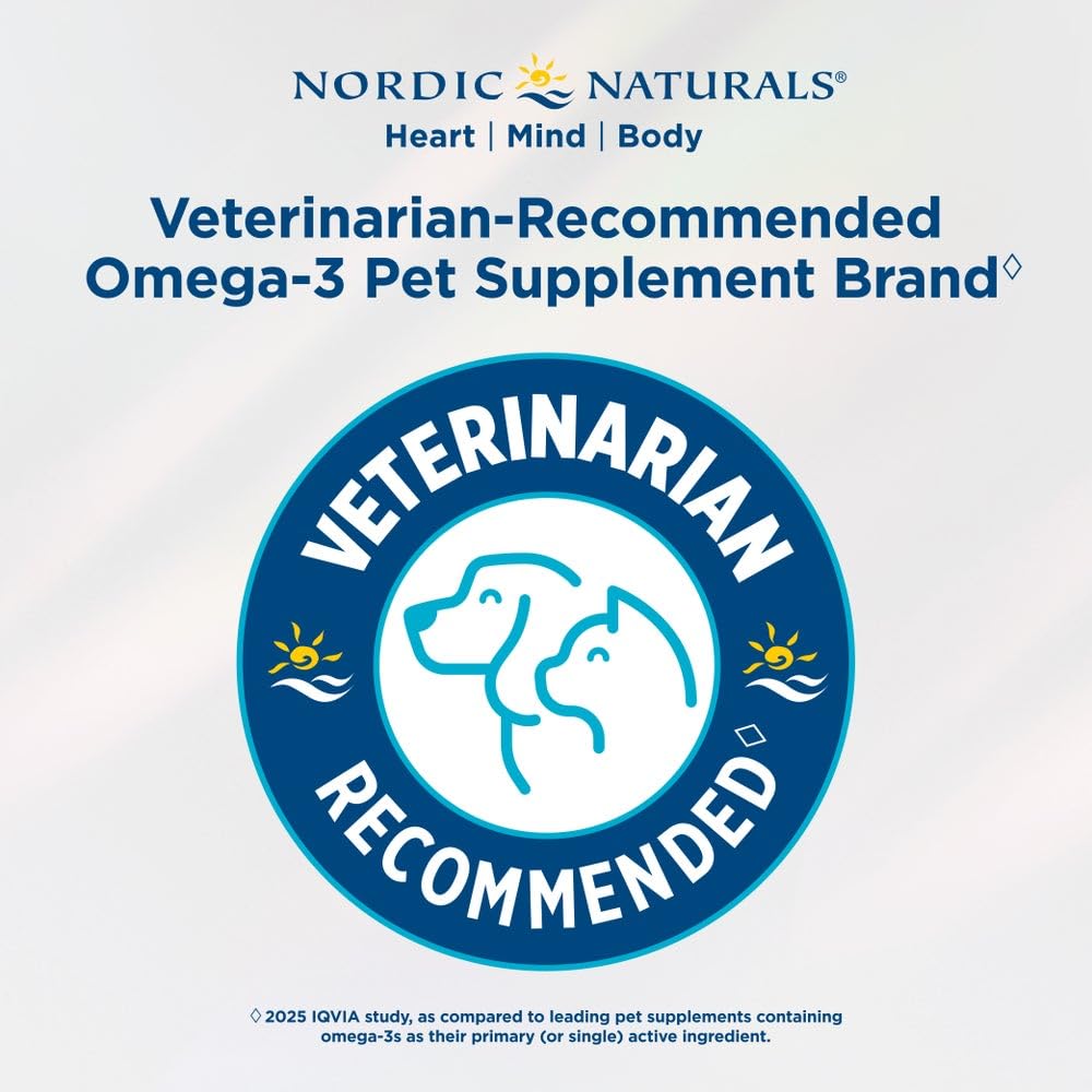 Nordic Naturals Omega-3 Pet purity ingredients badge closeup non-GMO and dairy-free.
