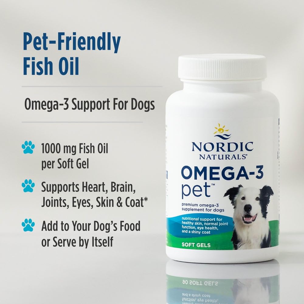 Nordic Naturals Omega-3 Pet skin and coat visual highlighting shinier fur.
