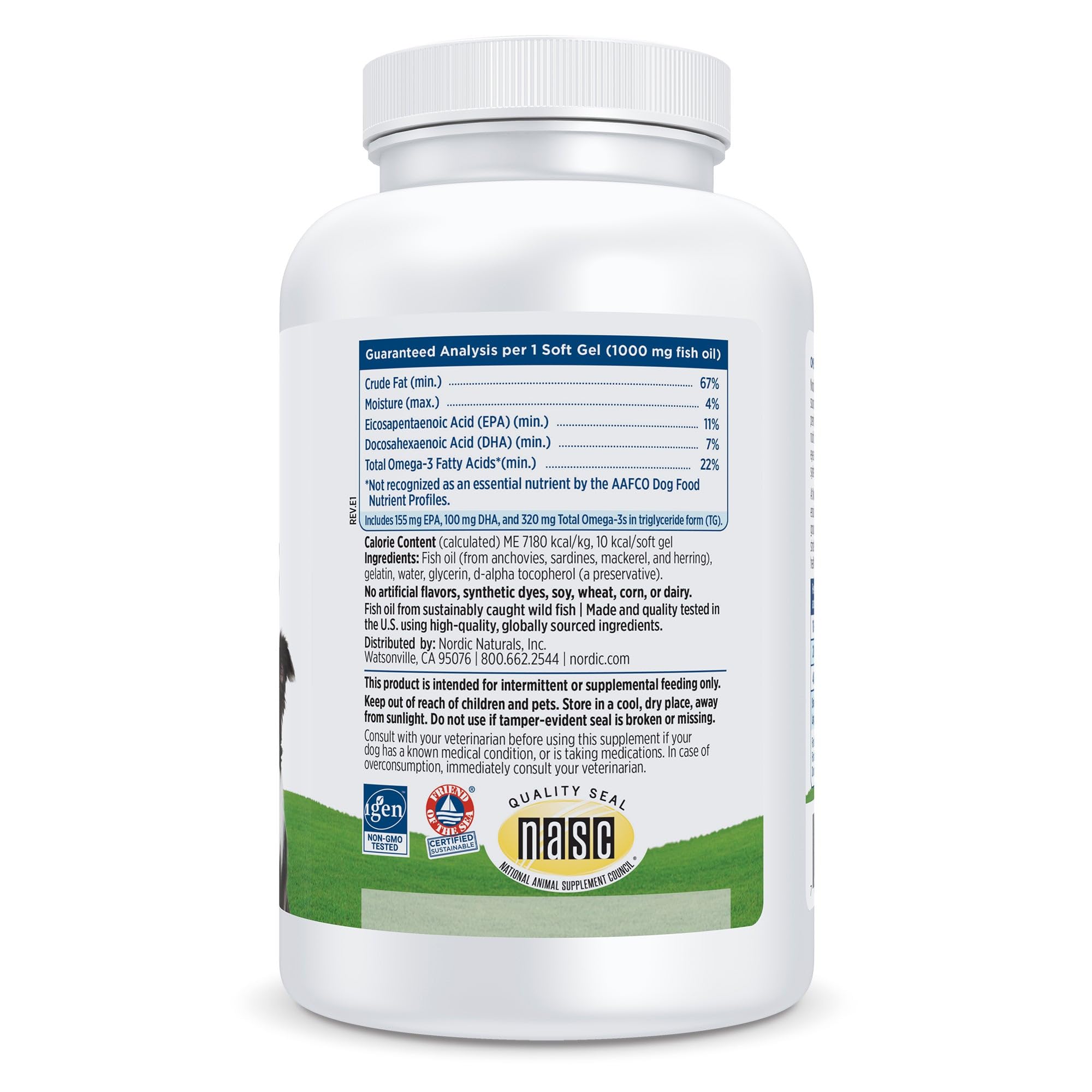 Nordic Naturals Omega-3 Pet softgel closeup highlighting triglyceride form for absorption.