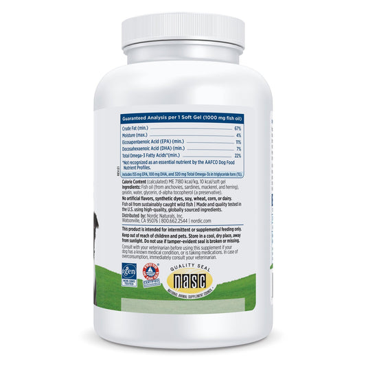 Nordic Naturals Omega-3 Pet softgel closeup highlighting triglyceride form for absorption.