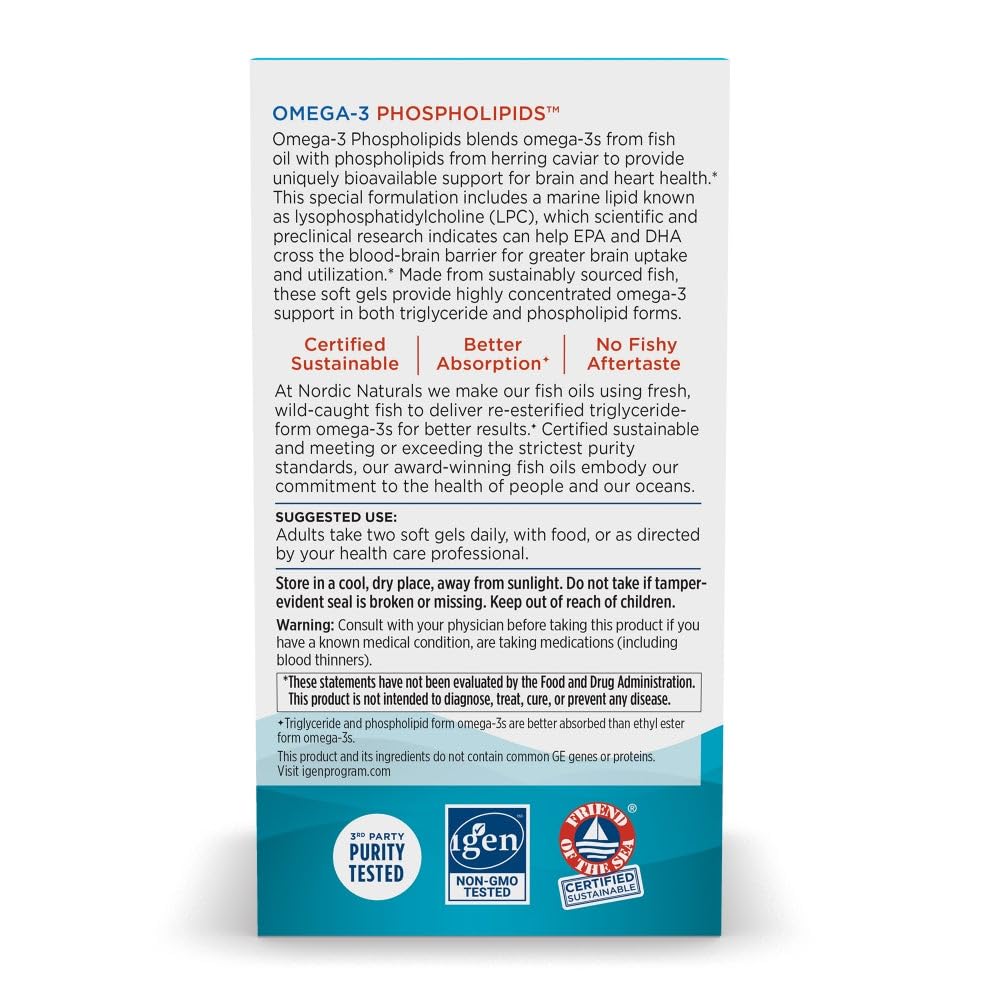 Nordic Naturals Omega-3 Phospholipids packaging hero showing responsibly sourced ingredients and non-GMO claim.