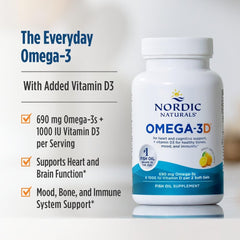 Nordic Naturals Omega-3D soft gels close-up emphasizing easy intake.