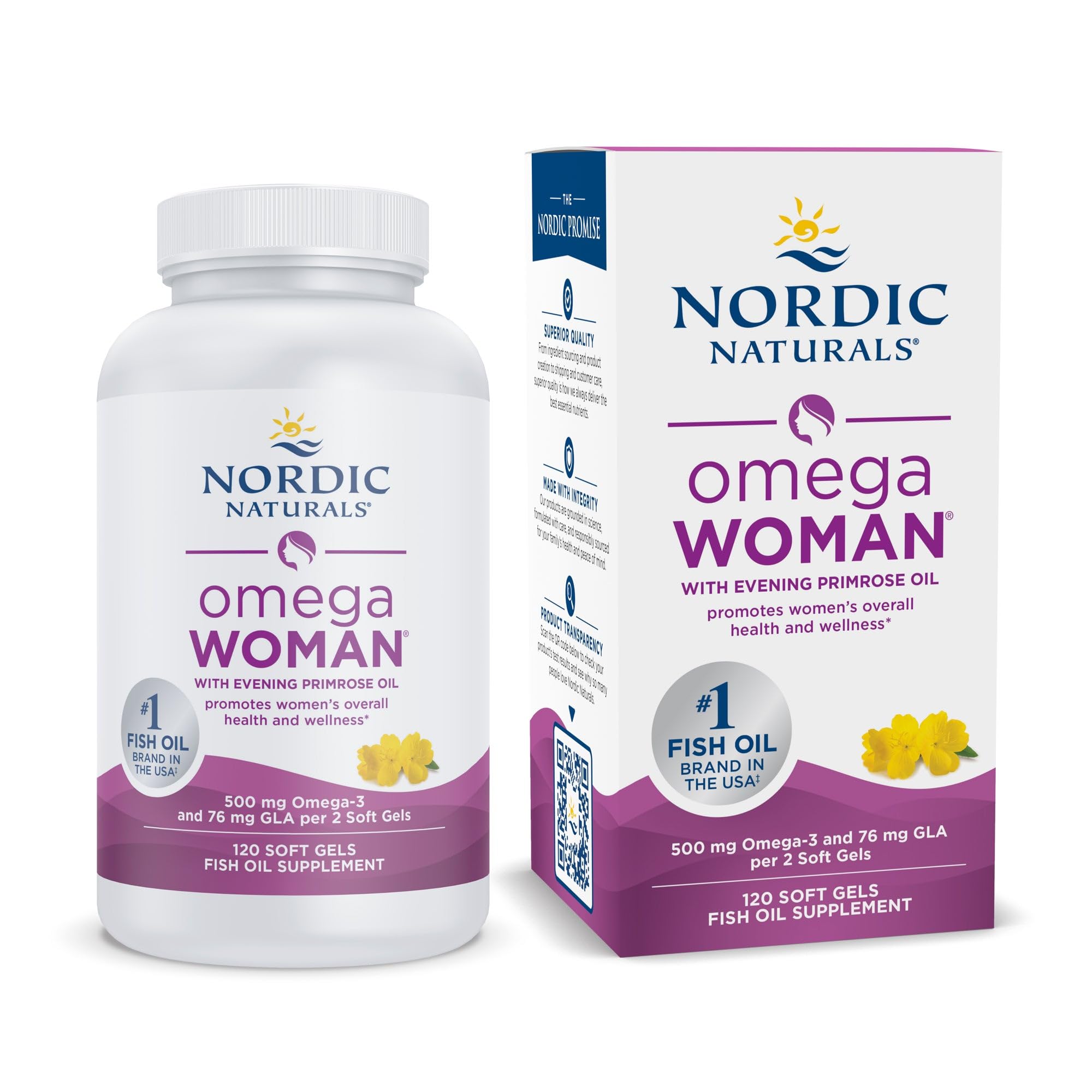Nordic Naturals Omega Woman lemon bottle highlights omega-3 and GLA blend for skin support.