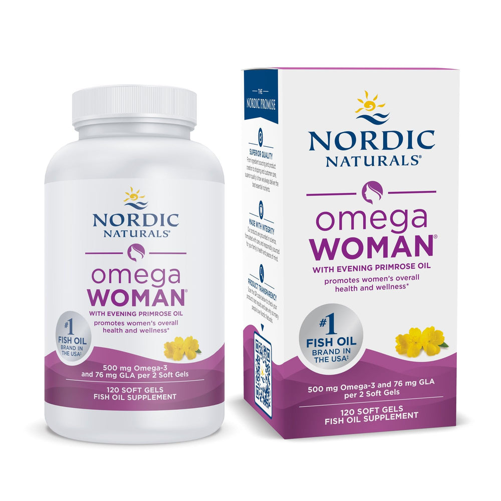 Nordic Naturals Omega Woman lemon bottle highlights omega-3 and GLA blend for skin support.
