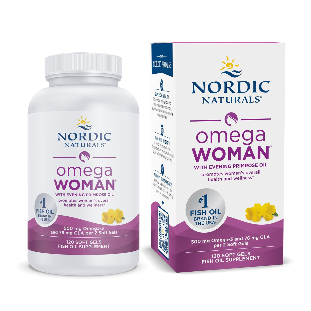Nordic Naturals Omega Woman lemon bottle highlights omega-3 and GLA blend for skin support.