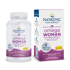 Nordic Naturals Omega Woman lemon bottle highlights omega-3 and GLA blend for skin support.