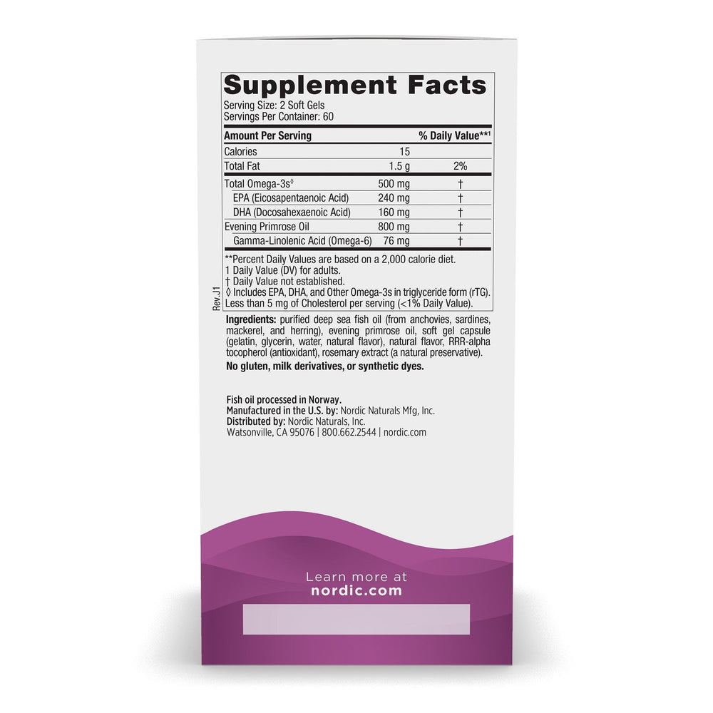 Nordic Naturals Omega Woman softgels close-up shows lemon flavor and easy daily use.