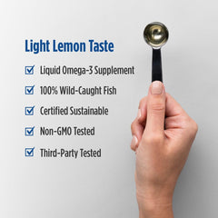 Nordic Naturals Omega-3 lemon glass pour illustrating morning routine and lemon aroma.