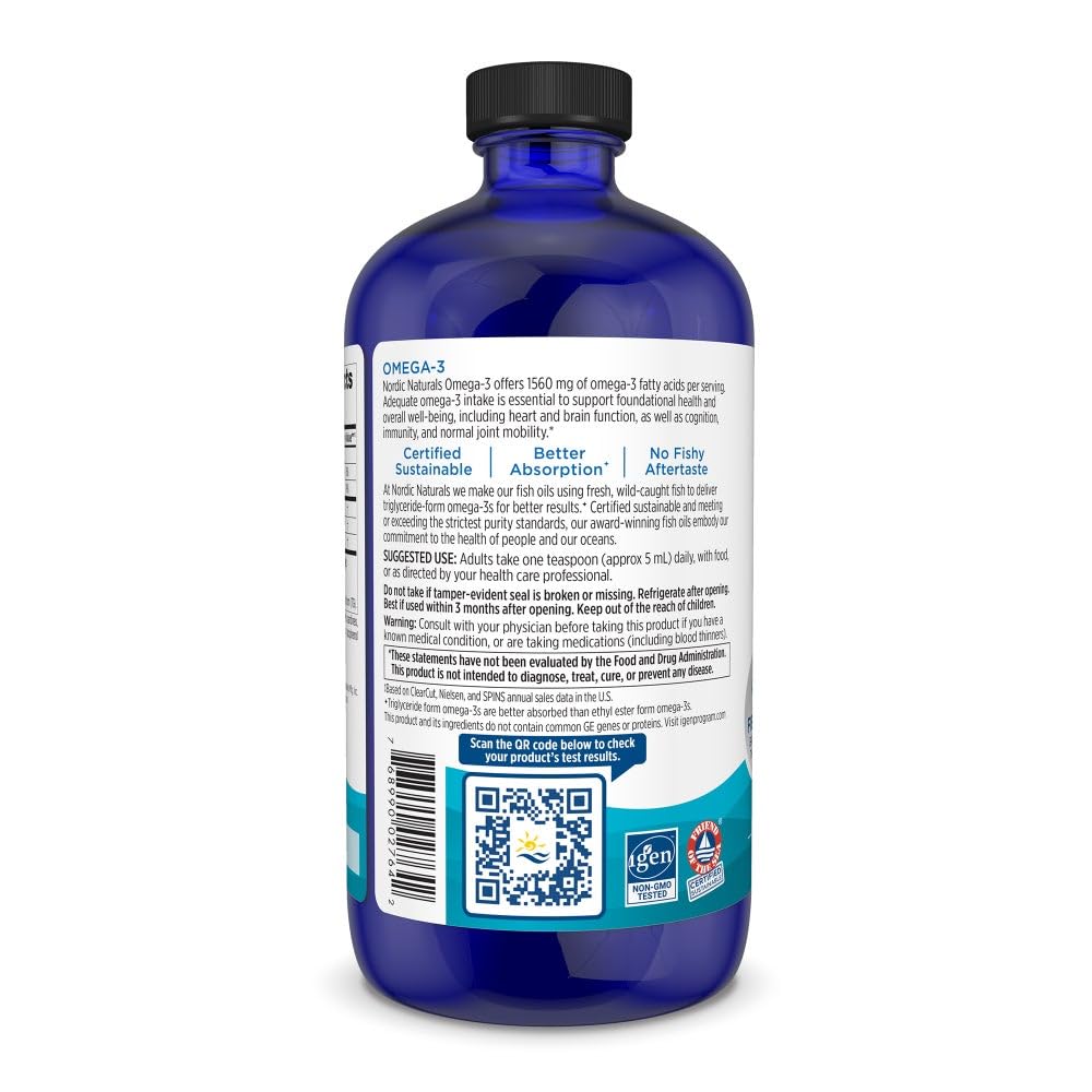 Nordic Naturals Omega-3 lemon liquid close-up highlighting smooth taste and triglyceride form.