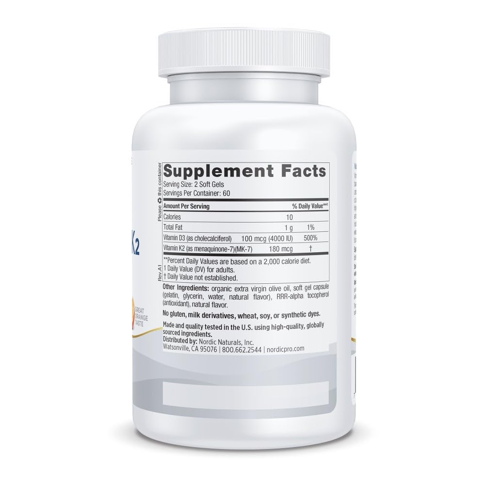 Nordic Naturals orange flavored D3+K2 soft gels aid calcium routing.
