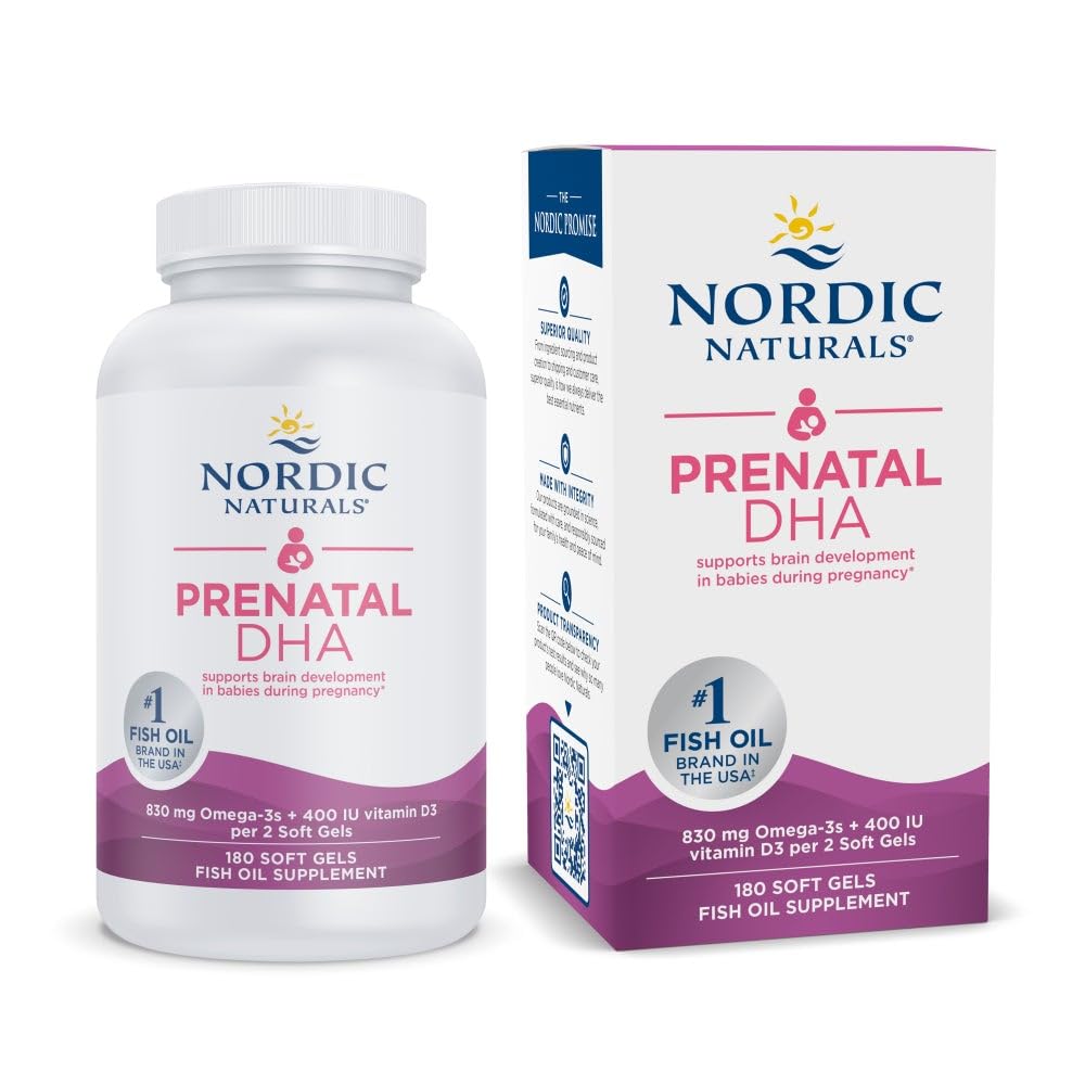 Nordic Naturals Prenatal DHA softgels bottle for convenient daily omega-3 support during pregnancy.