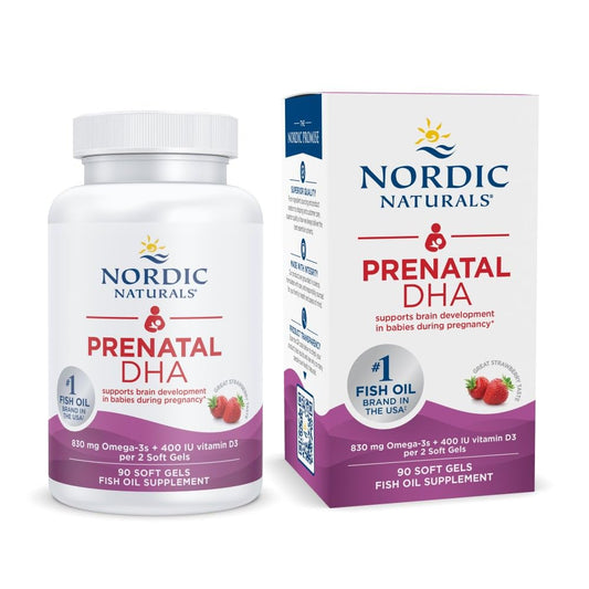 Nordic Naturals Prenatal DHA strawberry bottle for easy daily pregnancy nutrition.
