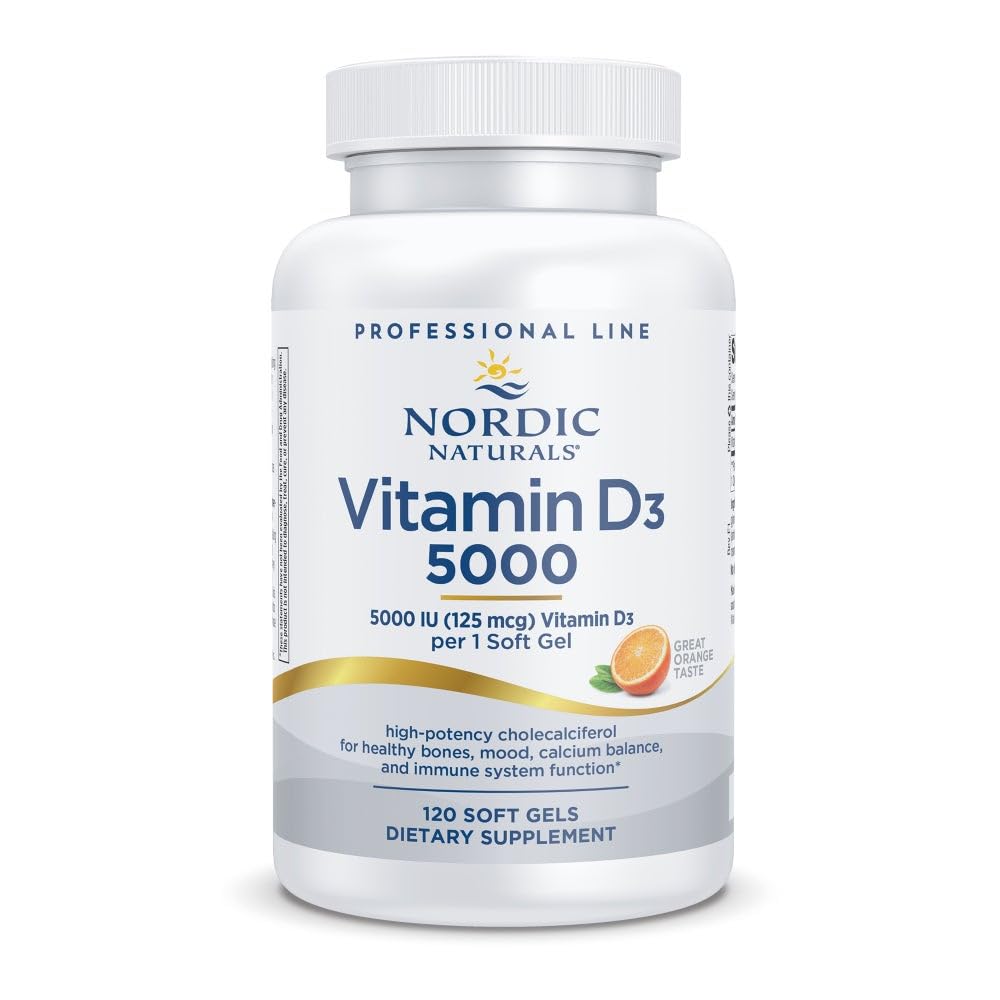 Nordic Naturals Pro Vitamin D3 5000 orange bottle with 120 mini soft gels for daily support.