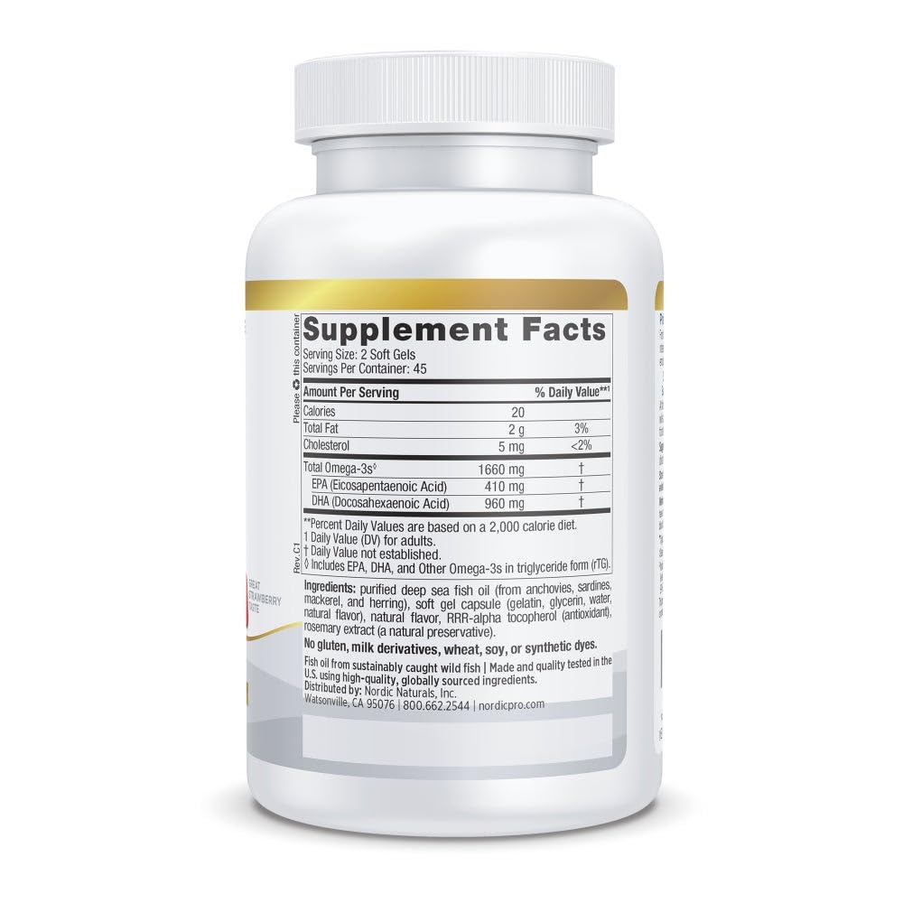 Close-up of Nordic Naturals ProDHA Xtra softgels showing strawberry flavor