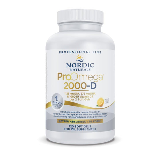 Nordic Naturals ProOmega 2000-D lemon bottle showing high-potency omega-3 with D3 for daily support