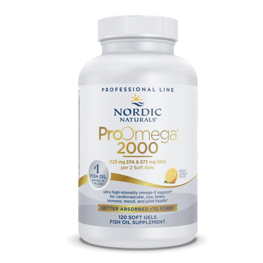 Nordic Naturals ProOmega 2000 lemon bottle with soft gels for high-potency omega-3 daily support.
