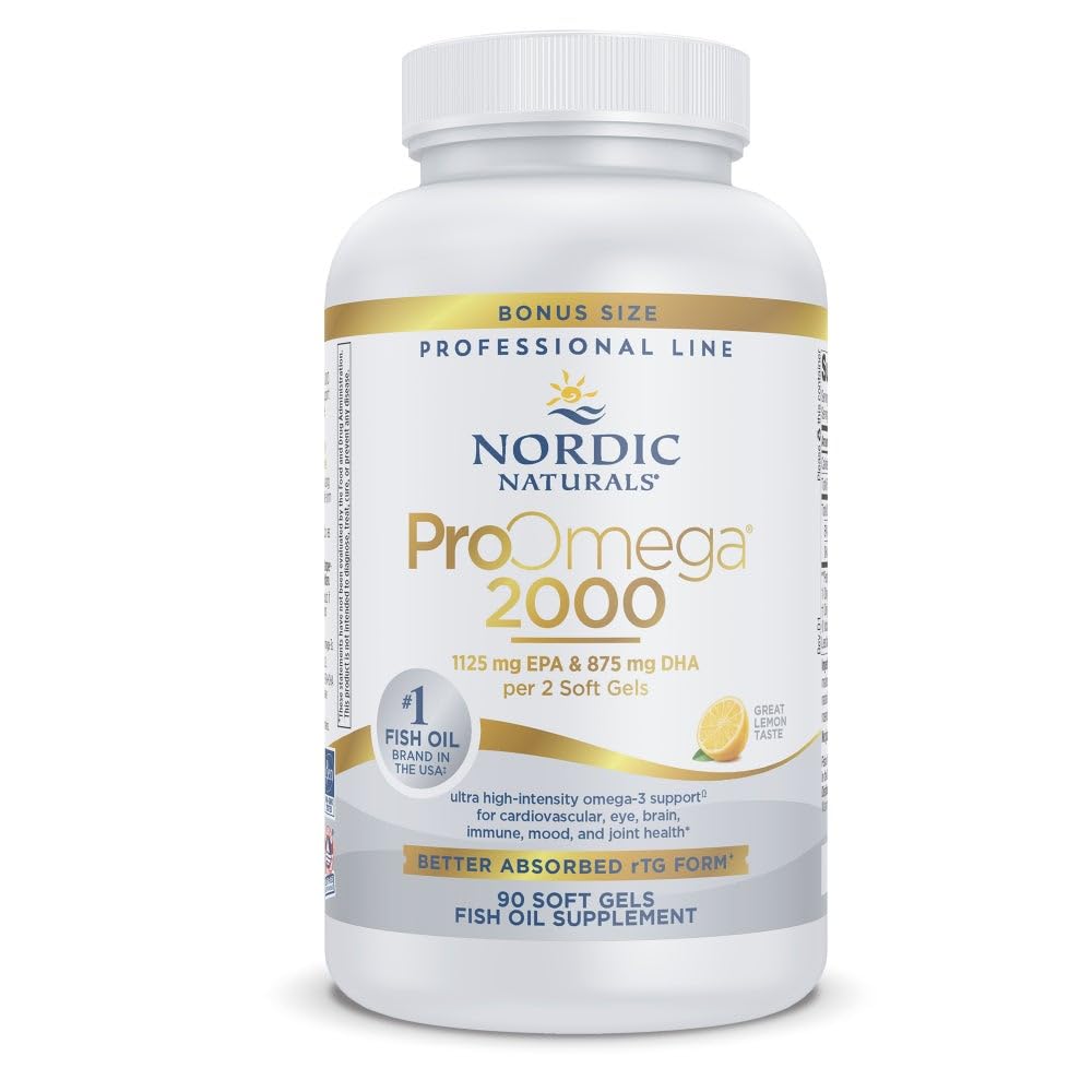 Nordic Naturals ProOmega 2000 lemon softgel bottle ready for daily heart and brain support