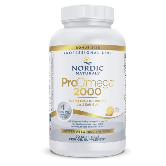Nordic Naturals ProOmega 2000 lemon softgel bottle ready for daily heart and brain support