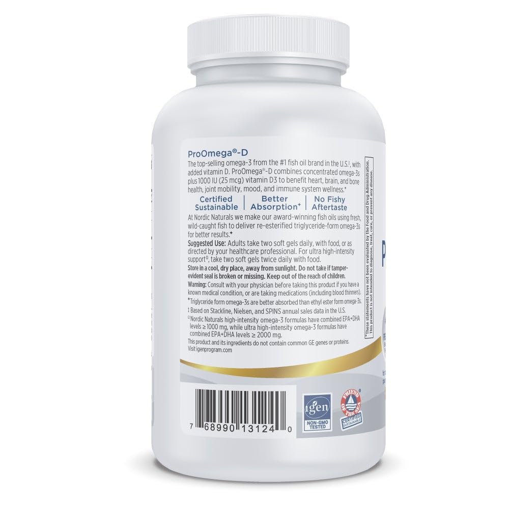 Close-up of ProOmega-D bottle label highlighting D3 and triglyceride form