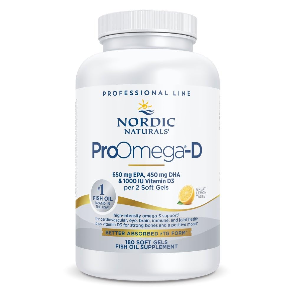 Nordic Naturals ProOmega-D lemon bottle showcasing lemon-flavored omega-3 soft gels.