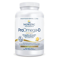 Nordic Naturals ProOmega-D lemon bottle showcasing lemon-flavored omega-3 soft gels.