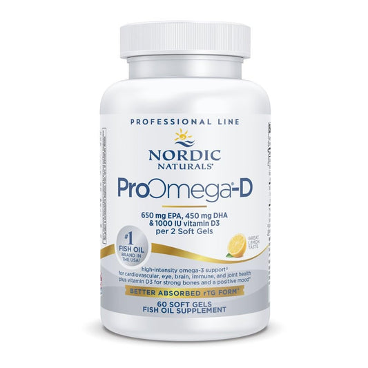 Nordic Naturals ProOmega-D lemon bottle showcases lemon flavor for easy swallowing and omega-3 benefits.