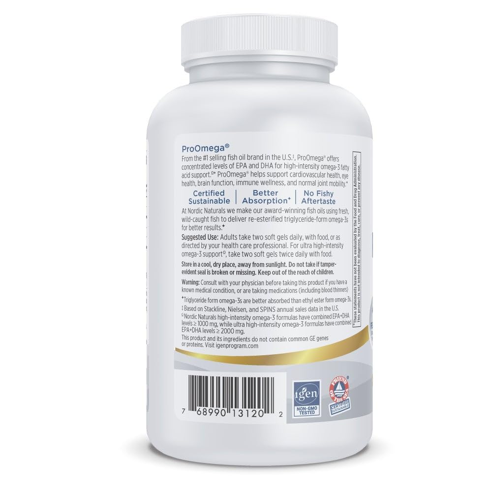 Nordic Naturals ProOmega lemon bottle close-up emphasizing purity and non-GMO ingredients