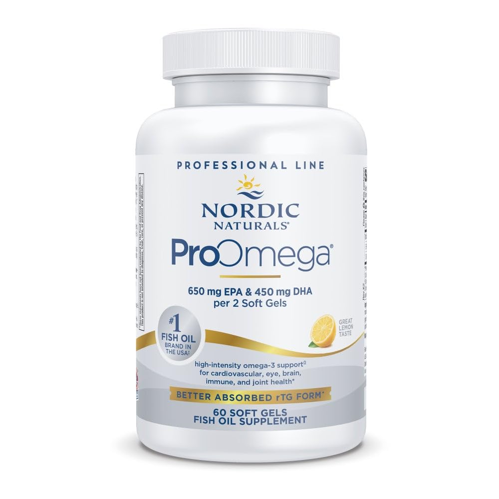 Nordic Naturals ProOmega Lemon bottle on counter for daily omega-3 intake.